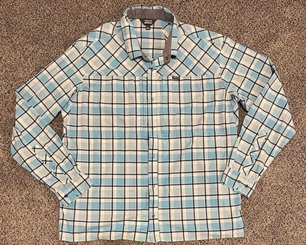 Orvis PRO Mens XL Blue Plaid Performance Fishing Shirt Long Sleeve Stretch Snap